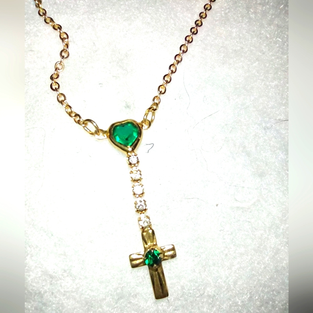 Emerald Green Heart + Connected Dangling Gold Cross Necklace - Picture 11 of 15
